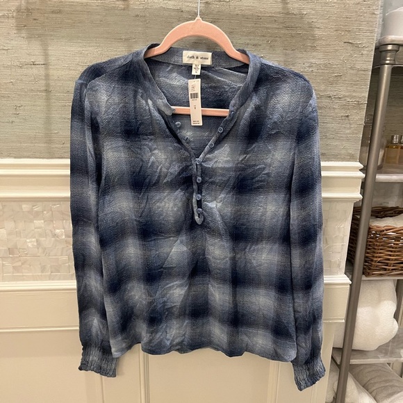 NWT new Anthropologie cloth & stone long sleeve Henley top blue plaid medium - Picture 3 of 16